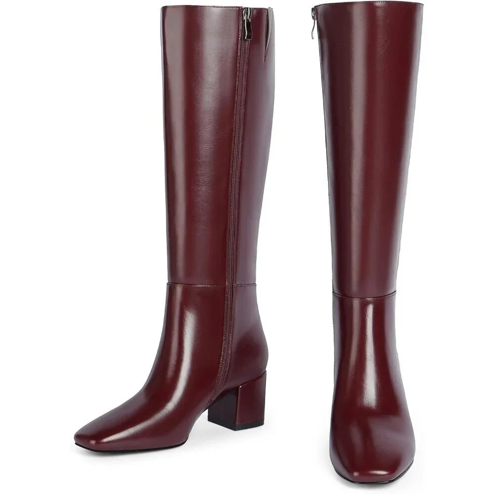 Women's Burgundy Knee High Boots Square Toe Tall Chunky Heel Rubber